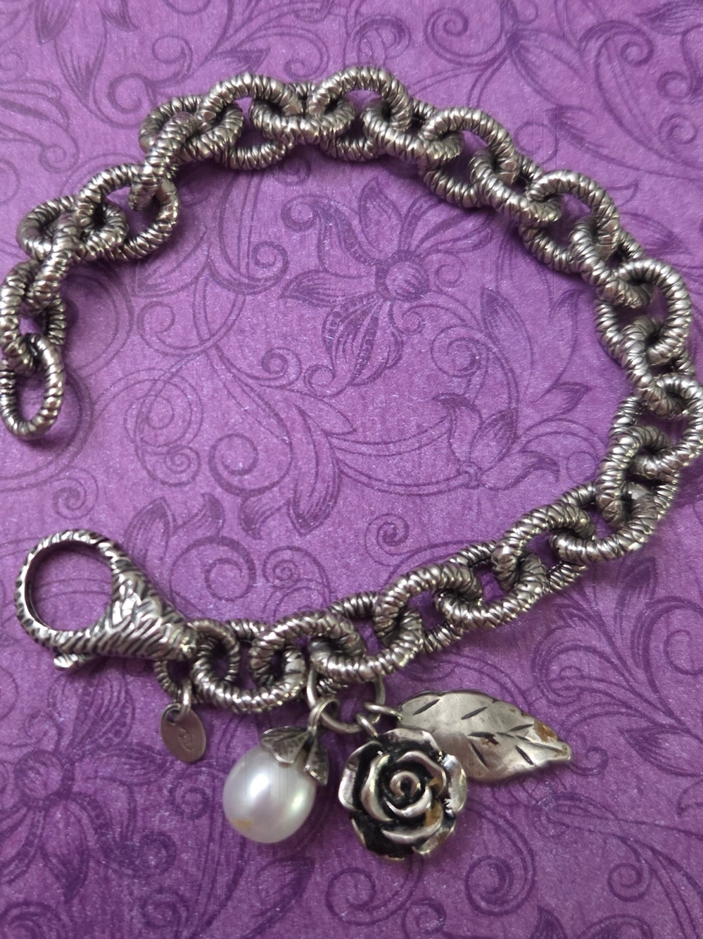 Or Paz PZ Israel 925 Sterling Silver Pearl Rose Charm Bracelet